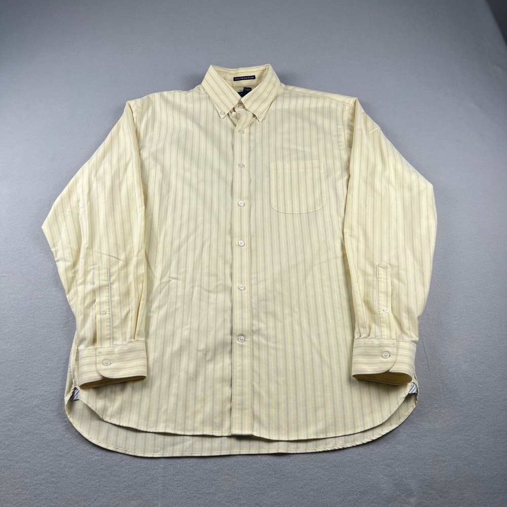 Lands' End Button Down Shirt Mens L 16-16.5 Yellow Stripe Supima No Iron Oxford